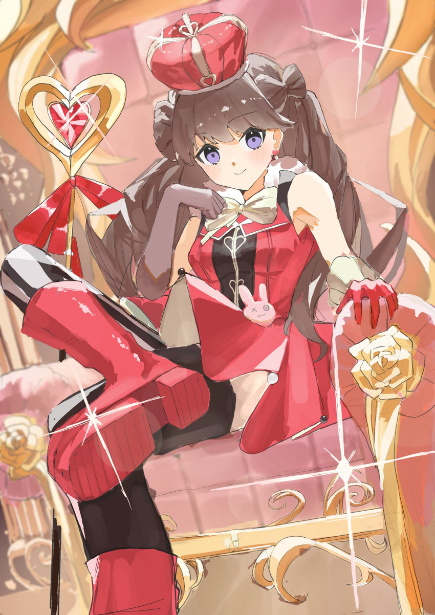 1girl, arched_crown, asymmetrical_gloves, bare_shoulders, black_gloves, black_thighhighs, boots, bow-shaped_hair