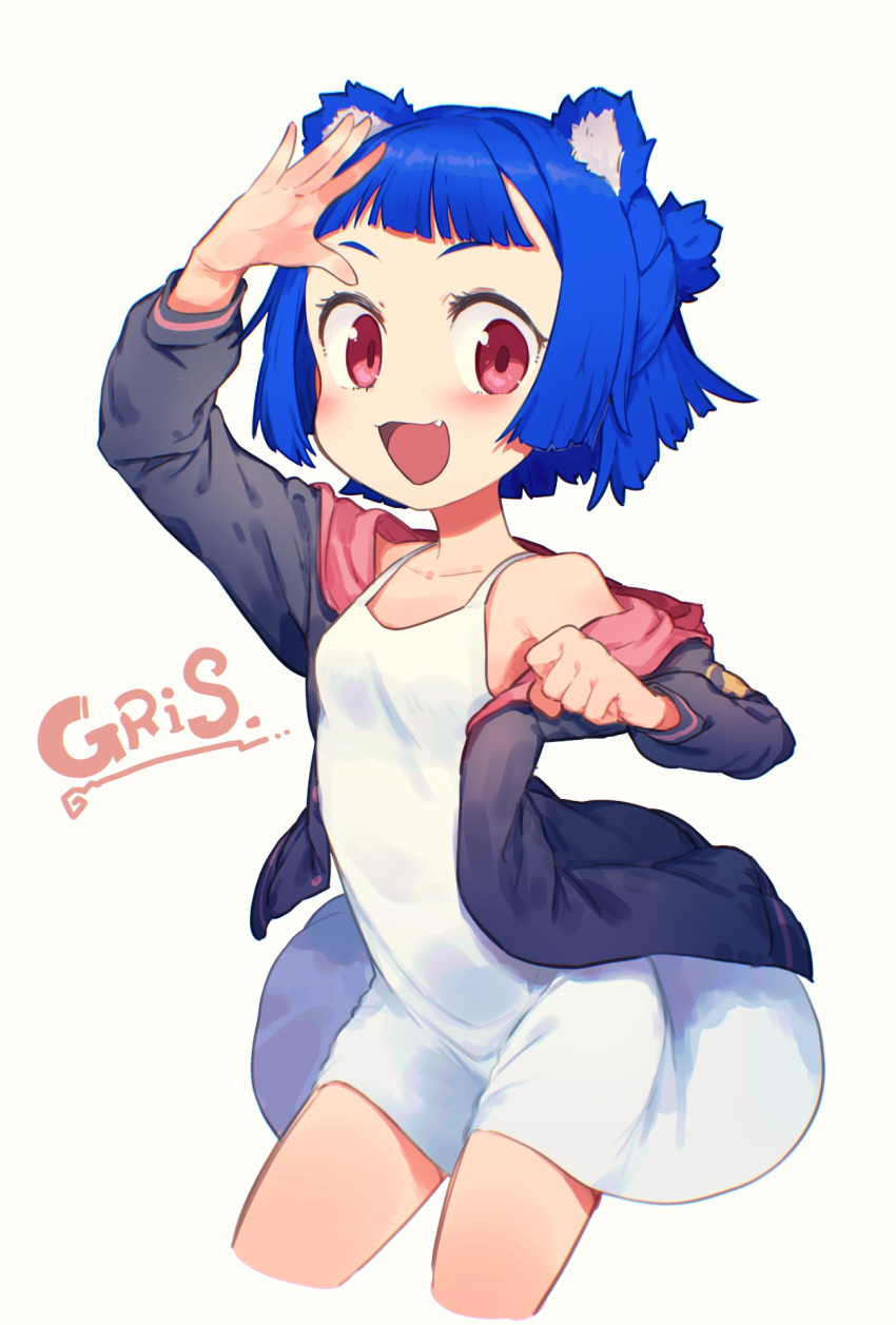 1girl, animal_ears, bear_ears, blue_hair, breasts, dress, fang, go!_go!_gris!