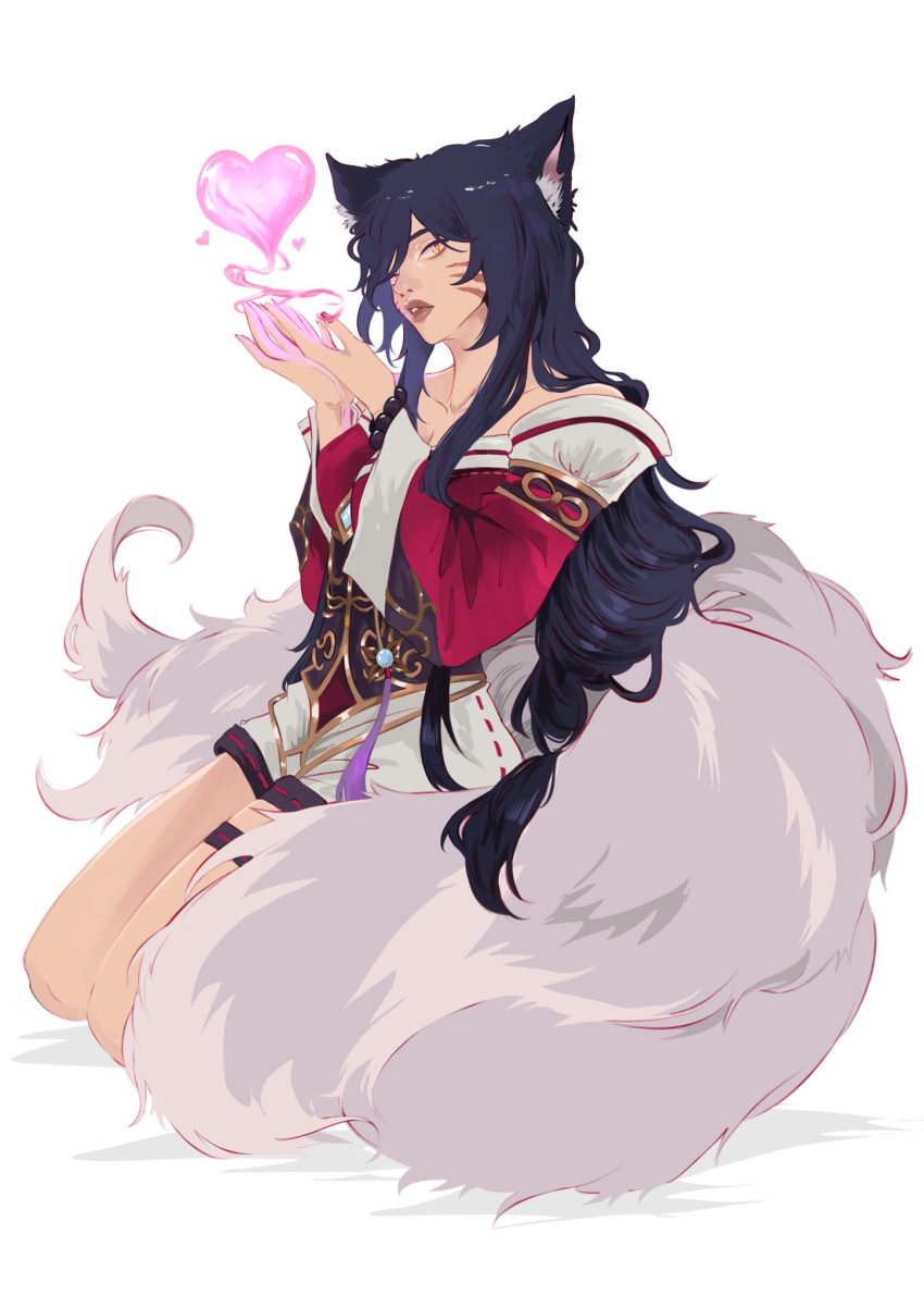1girl, ahri_(league_of_legends), animal_ear_fluff, animal_ears, bare_shoulders, blowing_kiss, collarbone, commentary