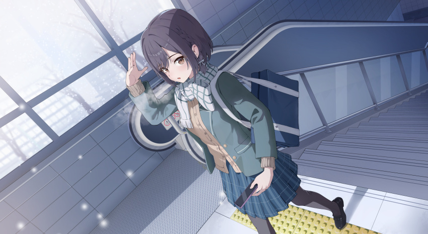 1girl, bag, black_pantyhose, black_shoes, blue_bag, blue_skirt, braid, brown_eyes