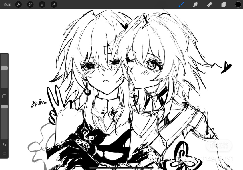 2girls, bare_shoulders, blush, chinese_commentary, evernight_(honkai:_star_rail), flower, hair_between_eyes, hair_ornament