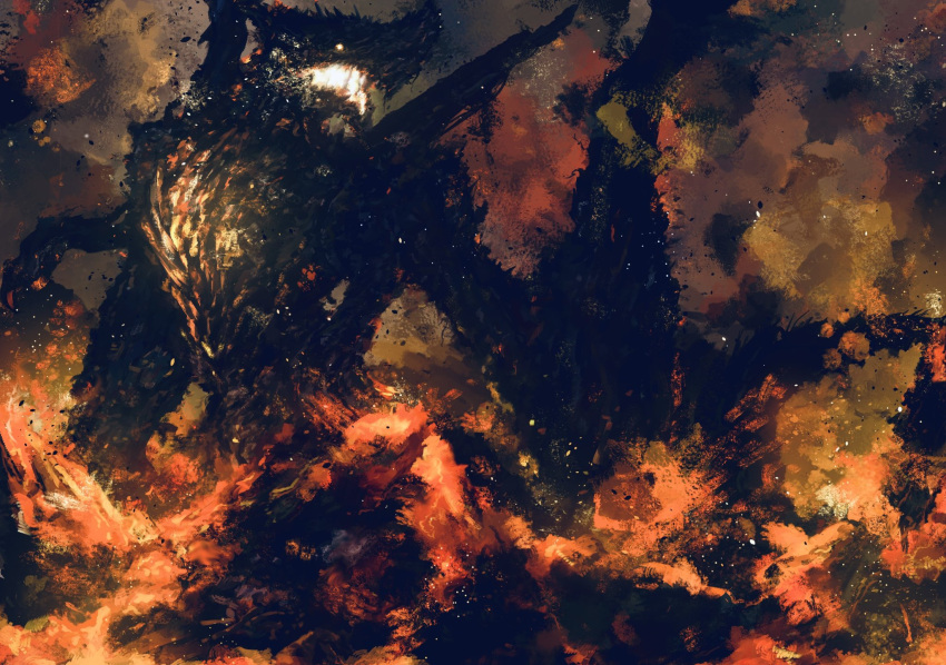 commentary_request, dragon, dragon_tail, dragon_wings, fire, giant, glowing, glowing_eyes, gogmazios, highres, horns, light_particles, monster, monster_focus, monster_hunter_(series), monster_hunter_wilds, no_humans, open_mouth, orange_eyes, outdoors, sharp_teeth, smoke, solo, spikes, tail, teeth, wings, yamatori321