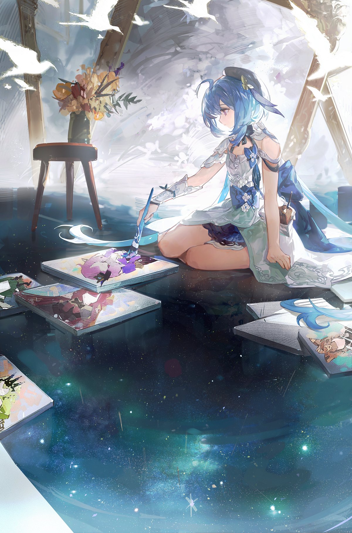 1girl, ahoge, aona_(ns), arm_support, beret, blue_hair, canvas_(object), chair