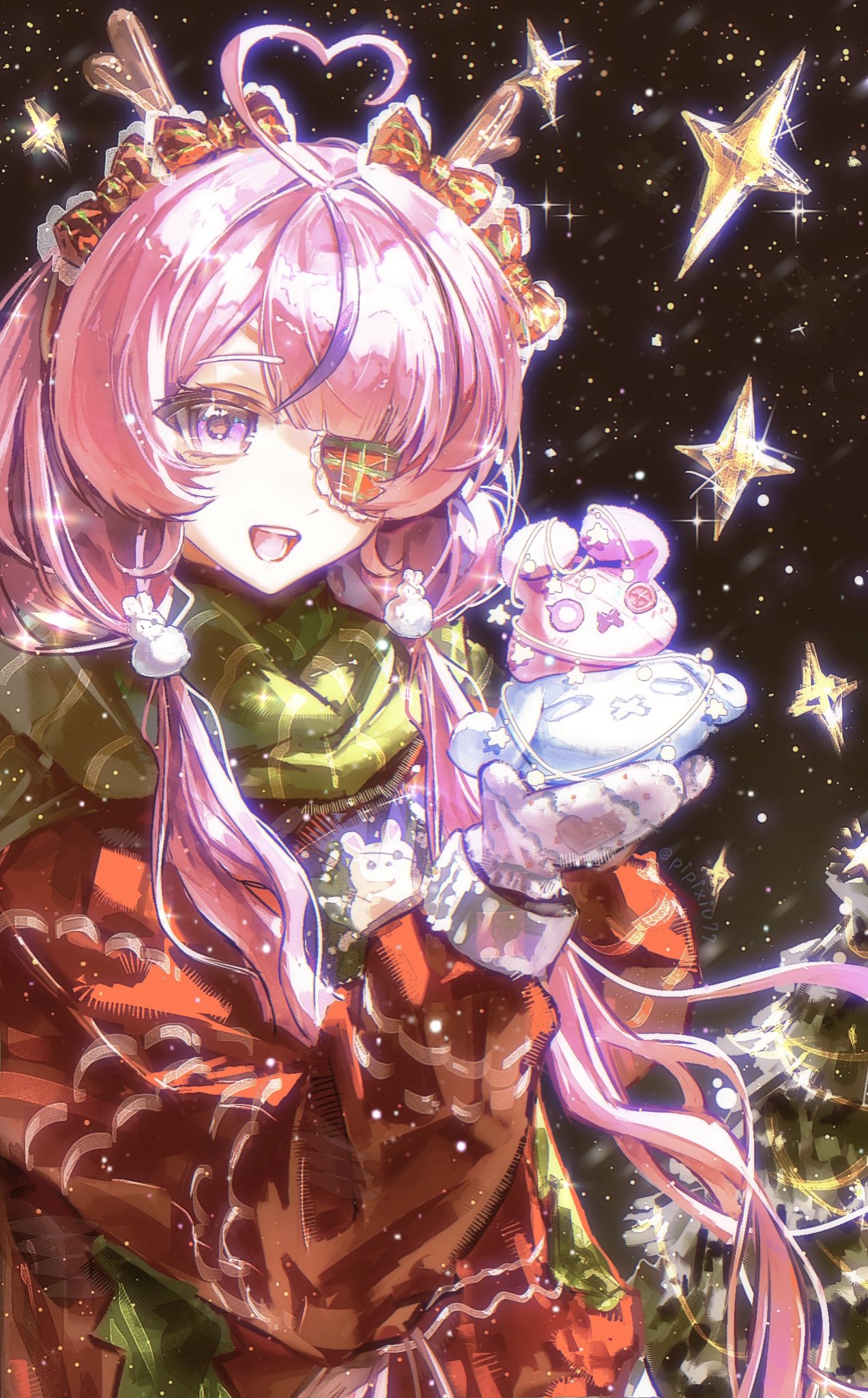 1girl, :d, ahoge, bow, christmas_sweater, christmas_tree, commentary, eyepatch