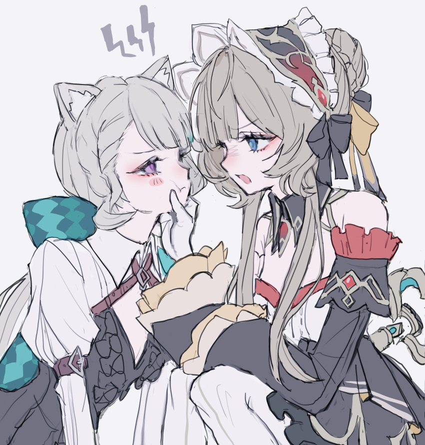 2girls, absurdres, automaton_(object), bare_shoulders, blue_eyes, braid, brown_hair, bun_with_braided_base