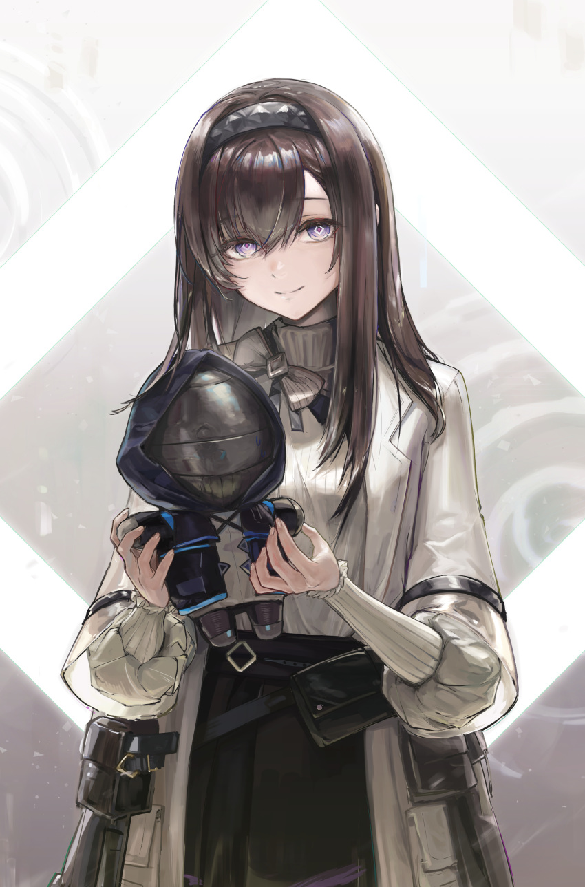 1girl, absurdres, arknights, black_hairband, brown_hair, character_doll, closed_mouth, coat