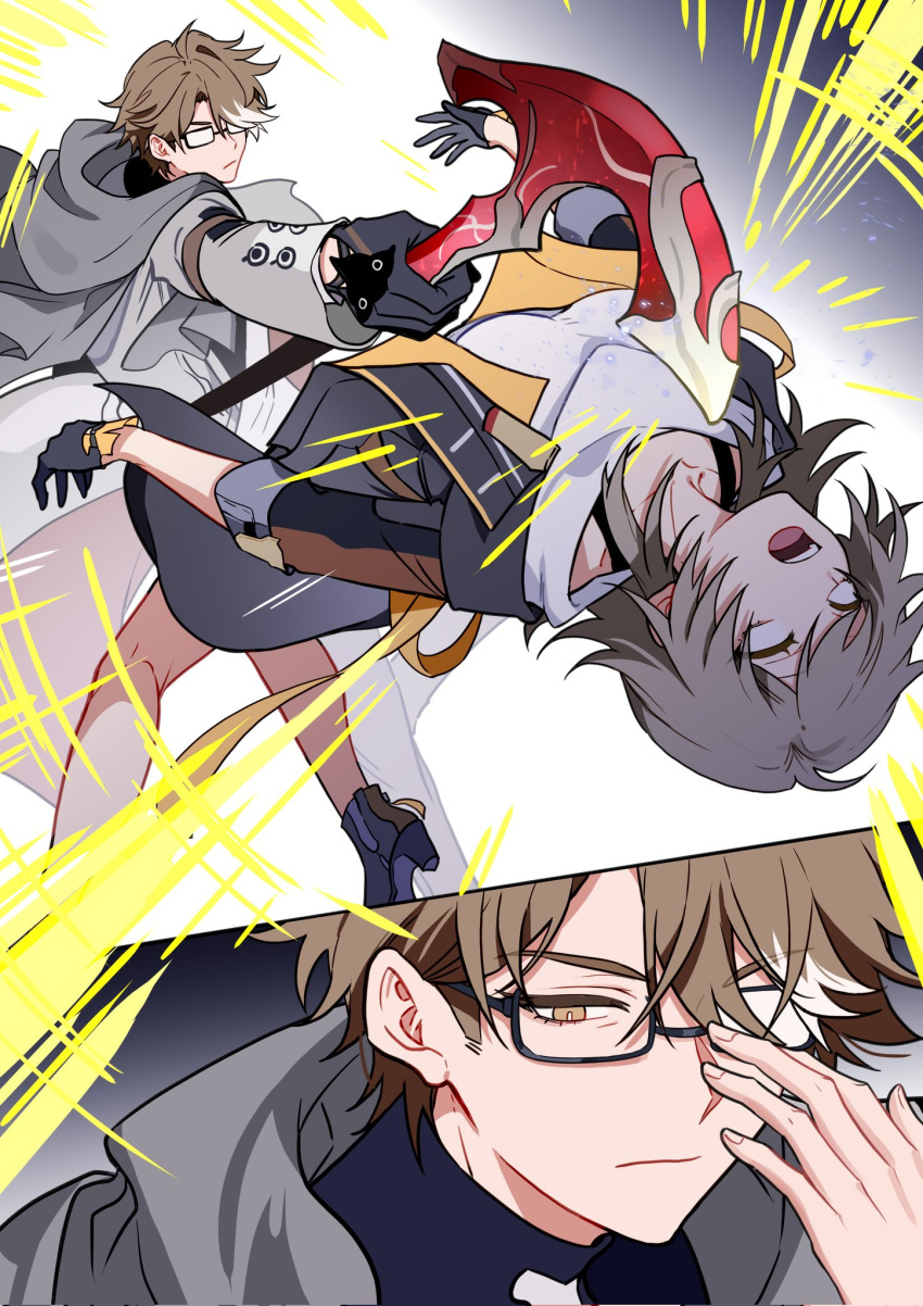 1boy, 1girl, adjusting_eyewear, black-framed_eyewear, black_gloves, black_skirt, blank_eyes, bright_pupils, brown_eyes, brown_hair, cane, closed_mouth, coat, glasses, gloves, grey_coat, grey_hair, grey_scarf, hair_between_eyes, highres, holding, holding_cane, honkai:_star_rail, honkai_(series), knockout, long_sleeves, multicolored_hair, opaque_glasses, open_mouth, partially_opaque_glasses, rectangular_eyewear, scarf, serious, short_hair, sideburns, skirt, stelle_(honkai:_star_rail), streaked_hair, trailblazer_(honkai:_star_rail), two-tone_hair, welt_yang, white_hair, white_pupils, yuelinpanp98413
