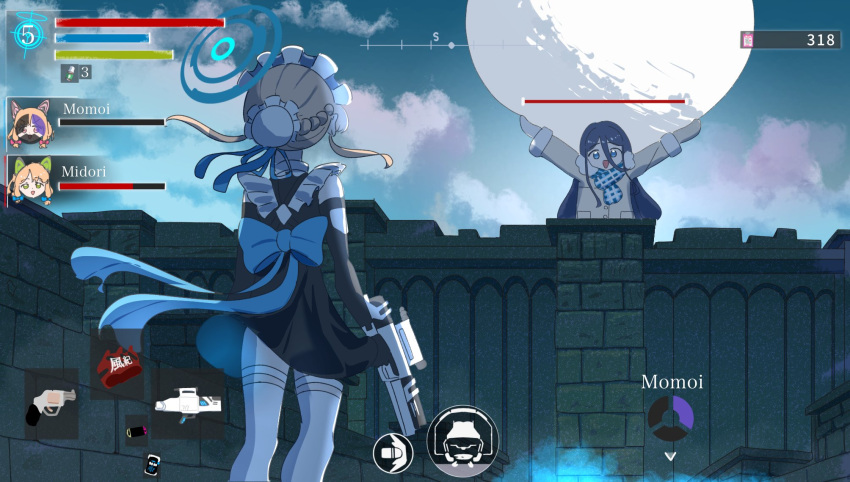 aris_(blue_archive), aris_(winter)_(blue_archive), assault_rifle, black_hair, blonde_hair, blue_archive, blue_halo, earmuffs, gun, h&amp;k_g11, hair_between_eyes, halo, health_bar, highres, long_hair, maid, miaki_(mi_autumn39), midori_(blue_archive), momoi_(blue_archive), parody, revolver, rifle, scarf, smile, smith_&amp;_wesson_340_pd, thigh-highs, toki_(blue_archive), translation_request, user_interface, very_long_hair, weapon, white_thighhighs