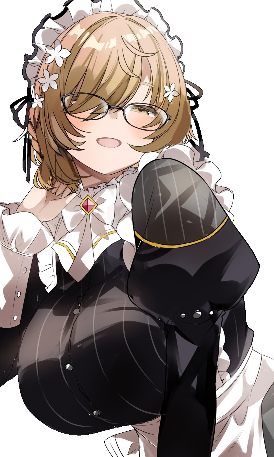 1girl, braid, breasts, commission, flower, glasses, hair_flower, hair_ornament