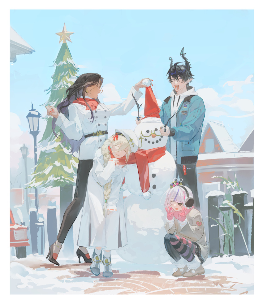 1boy, 3girls, :d, absurdres, ahoge, aia_amare, asymmetrical_legwear, beret