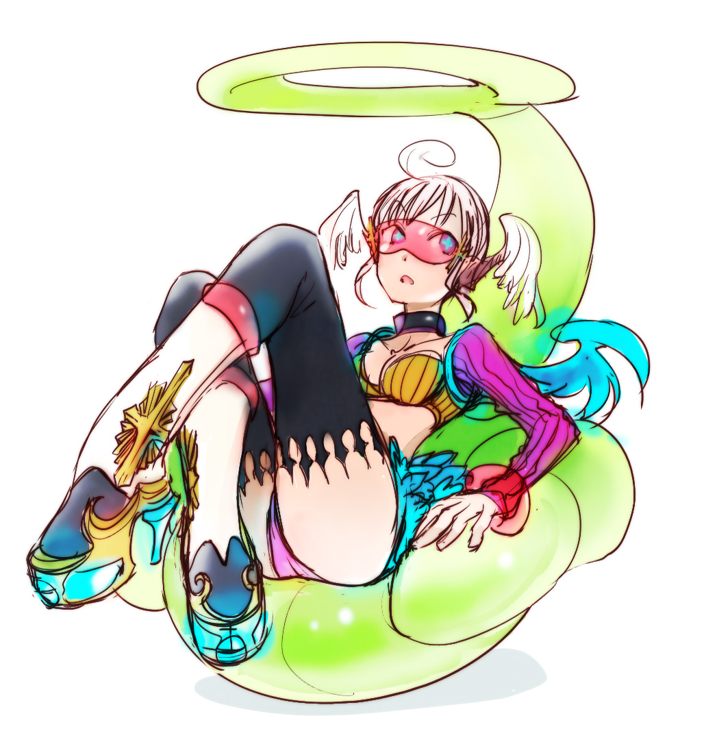 colorful, head_wings, igarashi_ran_(igatz), igatz, original, simple_background, sitting, solo, thigh-highs, thighhighs, visor, white_hair
