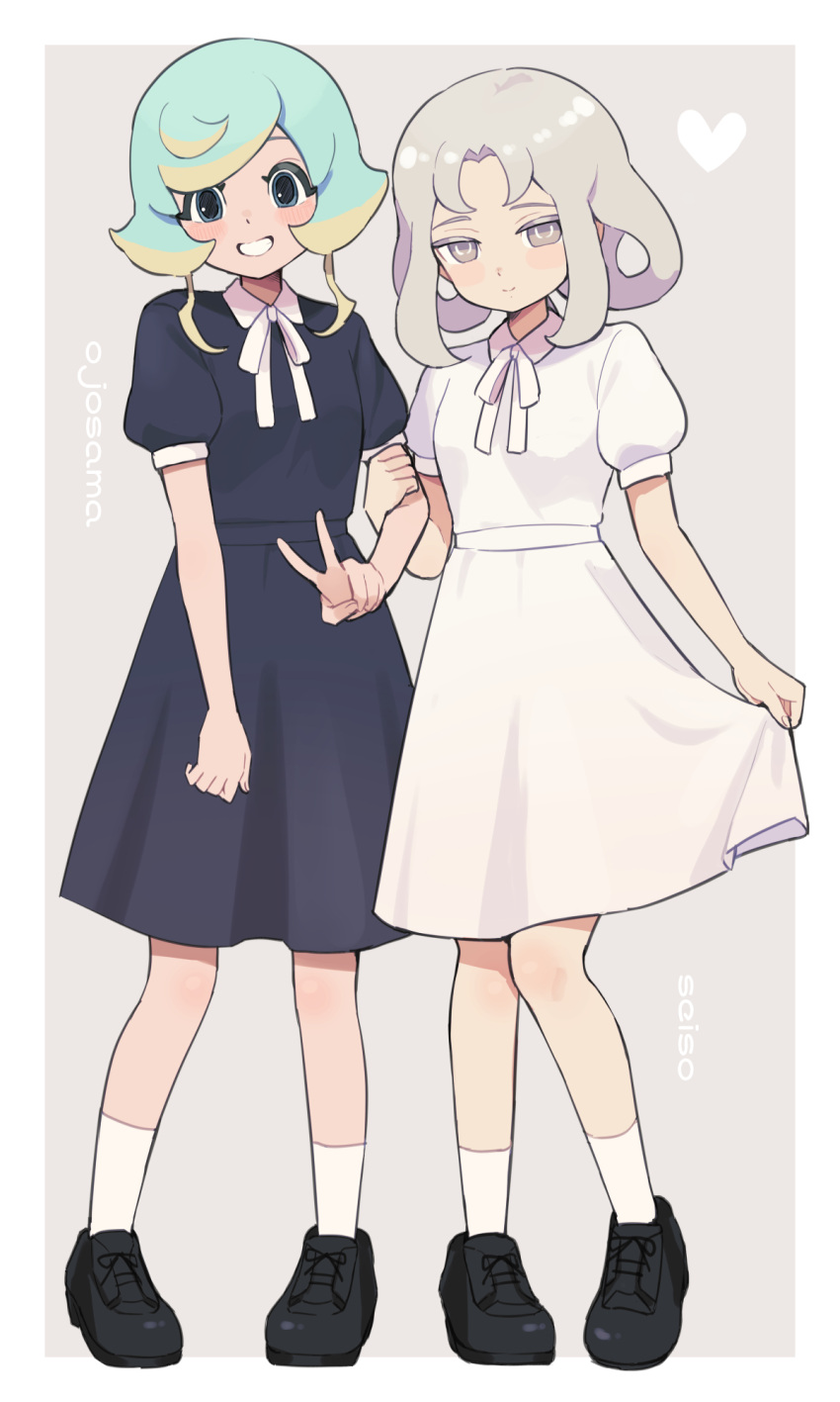 2girls, akasode_matsuri_(inazuma_eleven), aqua_hair, black_dress, black_shoes, closed_mouth, dress, full_body