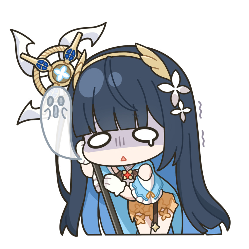 1girl, :<, black_hair, blue_cape, blue_hair, blunt_bangs, cape, chibi