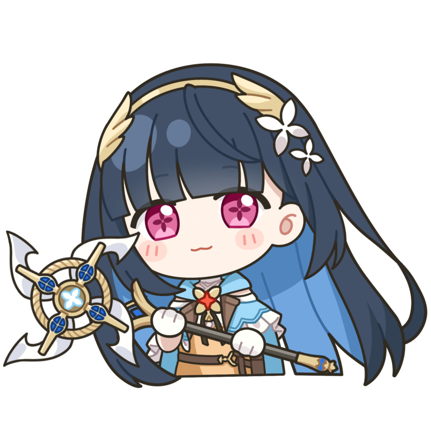 1girl, :3, black_hair, blue_cape, blue_hair, blunt_bangs, blush, cape