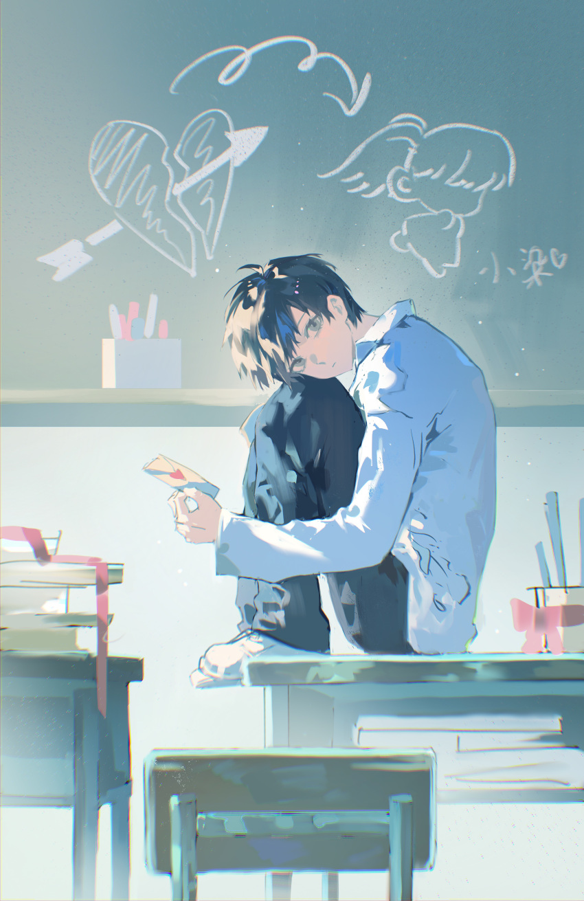1boy, absurdres, arrow_(symbol), arrow_through_heart, black_hair, black_pants, book, book_stack, chalkboard, character_request, chinese_commentary, chinese_text, chromatic_aberration, classroom, commentary_request, desk, full_body, grey_eyes, head_tilt, highres, indoors, long_sleeves, looking_at_viewer, love_letter, male_focus, modu7583, nv_qin_jie_shi_xiuluo_chang, on_desk, pants, shirt, shoes, short_hair, shu_yi, sitting, solo, white_shirt, white_shoes