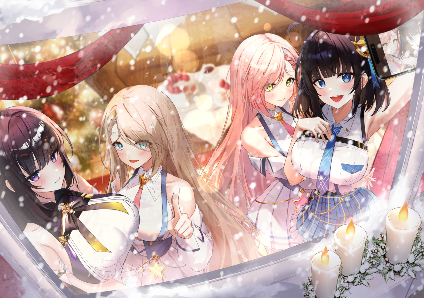 4girls, absurdres, airen_(starseed), arm_up, black_hair, blonde_hair, blue_eyes, blue_necktie, blue_skirt, blush, breast_pocket, breasts, caba_(caba091), cake, candle, candlelight, cellphone, chest_harness, christmas, christmas_ornaments, christmas_tree, closed_mouth, collared_shirt, commentary, couch, covered_collarbone, detached_sleeves, dress, english_commentary, food, from_above, gold_trim, green_eyes, hand_on_own_chest, hand_up, harness, high-waist_skirt, highres, holding, holding_phone, holly, index_finger_raised, large_breasts, lens_flare, long_hair, long_sleeves, looking_ahead, looking_at_viewer, luyten_(starseed), marillight_(starseed), multiple_girls, necktie, off_shoulder, open_mouth, phone, pink_hair, pink_necktie, plaid_clothes, plaid_skirt, pocket, pollux_(starseed), shirt, shirt_tucked_in, short_hair, skirt, sleeveless, sleeveless_dress, smartphone, smile, snow, snowing, star_(symbol), starseed:_asnia_trigger, table, taking_picture, very_long_hair, violet_eyes, white_skirt, window