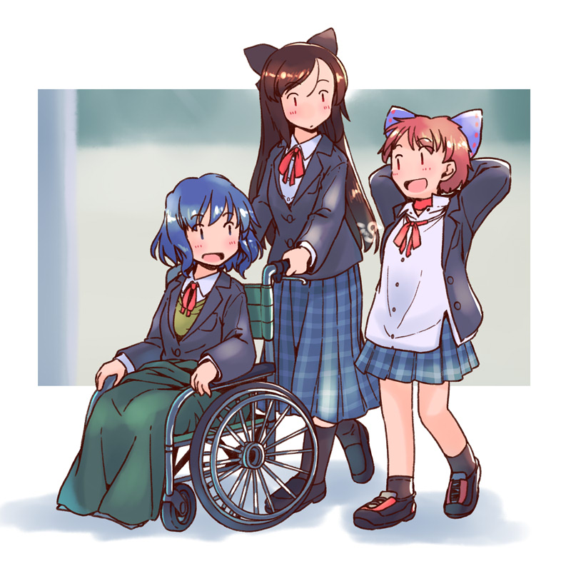 3girls, :d, alternate_costume, animal_ears, black_boots, black_jacket, black_socks, blanket, blue_bow, blue_eyes, blue_hair, blush, boots, bow, brown_hair, buttons, choker, collared_shirt, commentary_request, grass_root_youkai_network, green_sweater_vest, hair_bow, imaizumi_kagerou, jacket, long_hair, long_sleeves, multiple_girls, neck_ribbon, open_mouth, plaid_clothes, plaid_skirt, pleated_skirt, pushing_wheelchair, rangycrow, red_choker, red_eyes, red_ribbon, ribbon, school_uniform, sekibanki, shadow, shirt, shoes, short_hair, sitting, skirt, smile, sneakers, socks, sweater_vest, touhou, wakasagihime, wheelchair, white_background, white_shirt, wolf_ears, wolf_girl, |_|