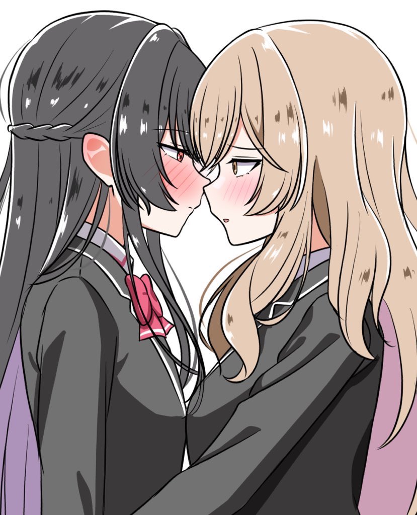 2girls, ashigaya_high_school_uniform, black_hair, black_jacket, blazer, blush, bow, bowtie