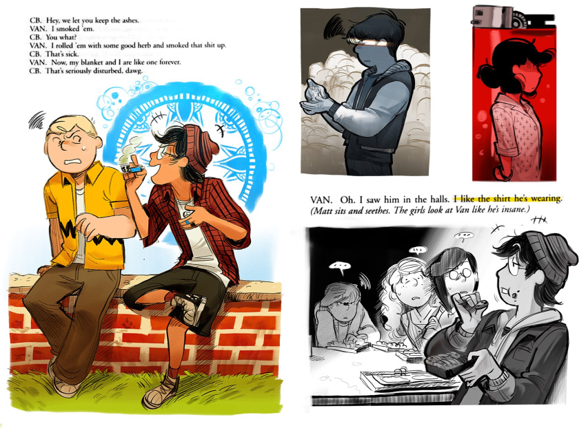 3boys, 3girls, aged_up, beanie, black_hair, blonde_hair, brother_and_sister, charlie_brown