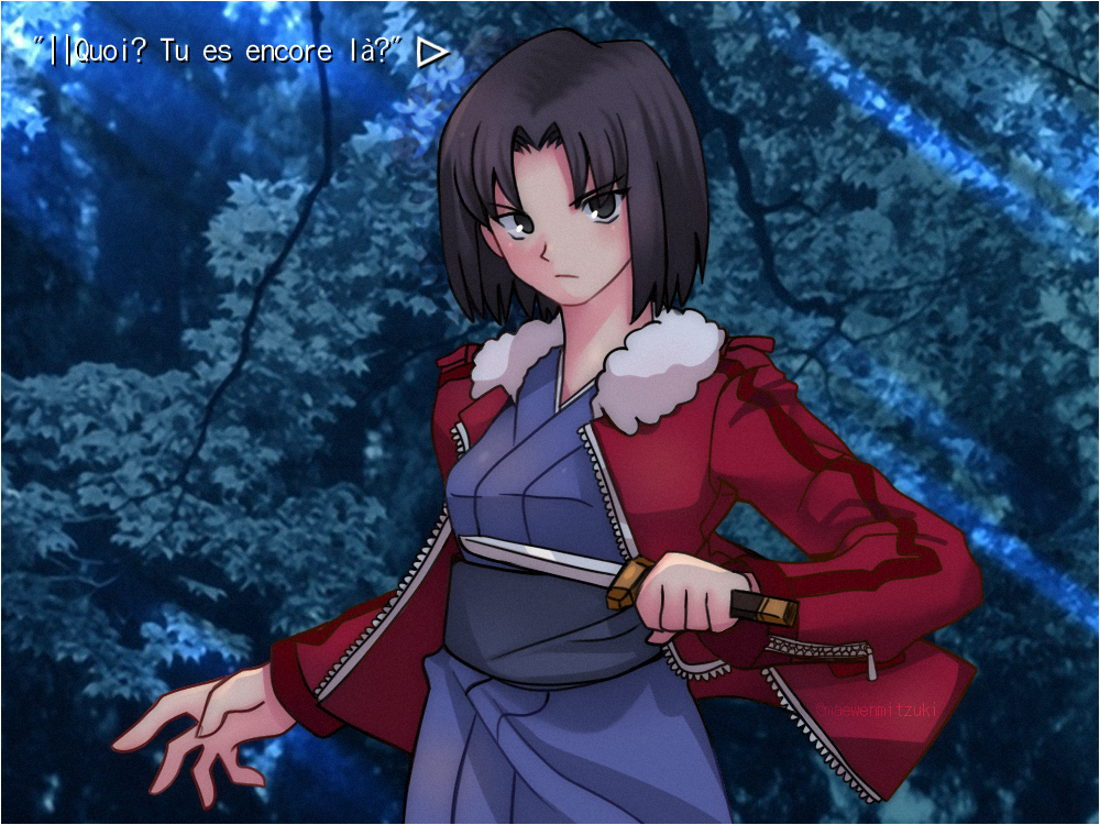 1girl, black_hair, blue_kimono, fate/grand_order, fate_(series), french_commentary, jacket, japanese_clothes