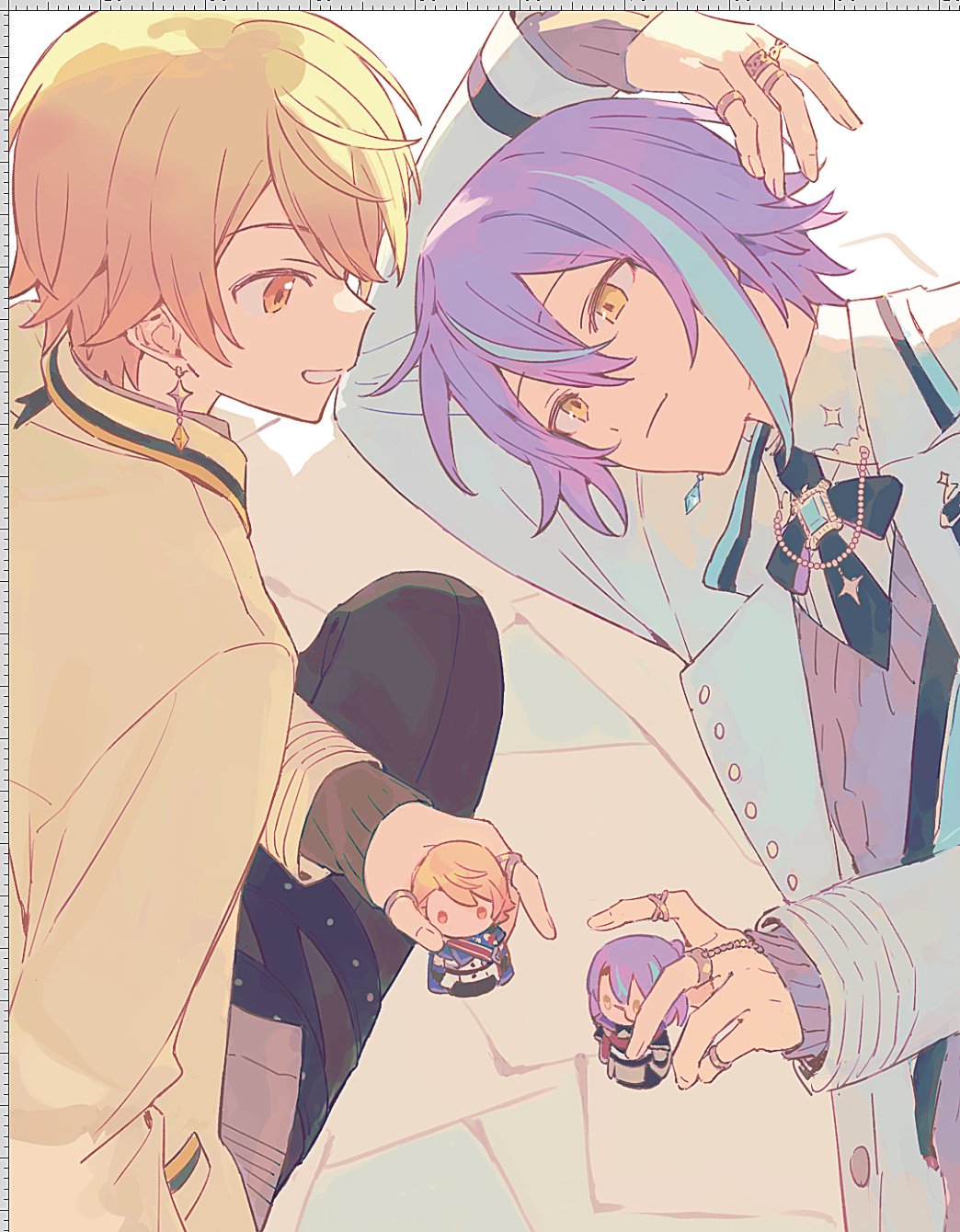 2boys, blonde_hair, earrings, head_on_arm, highres, holding, holding_puppet, jewelry