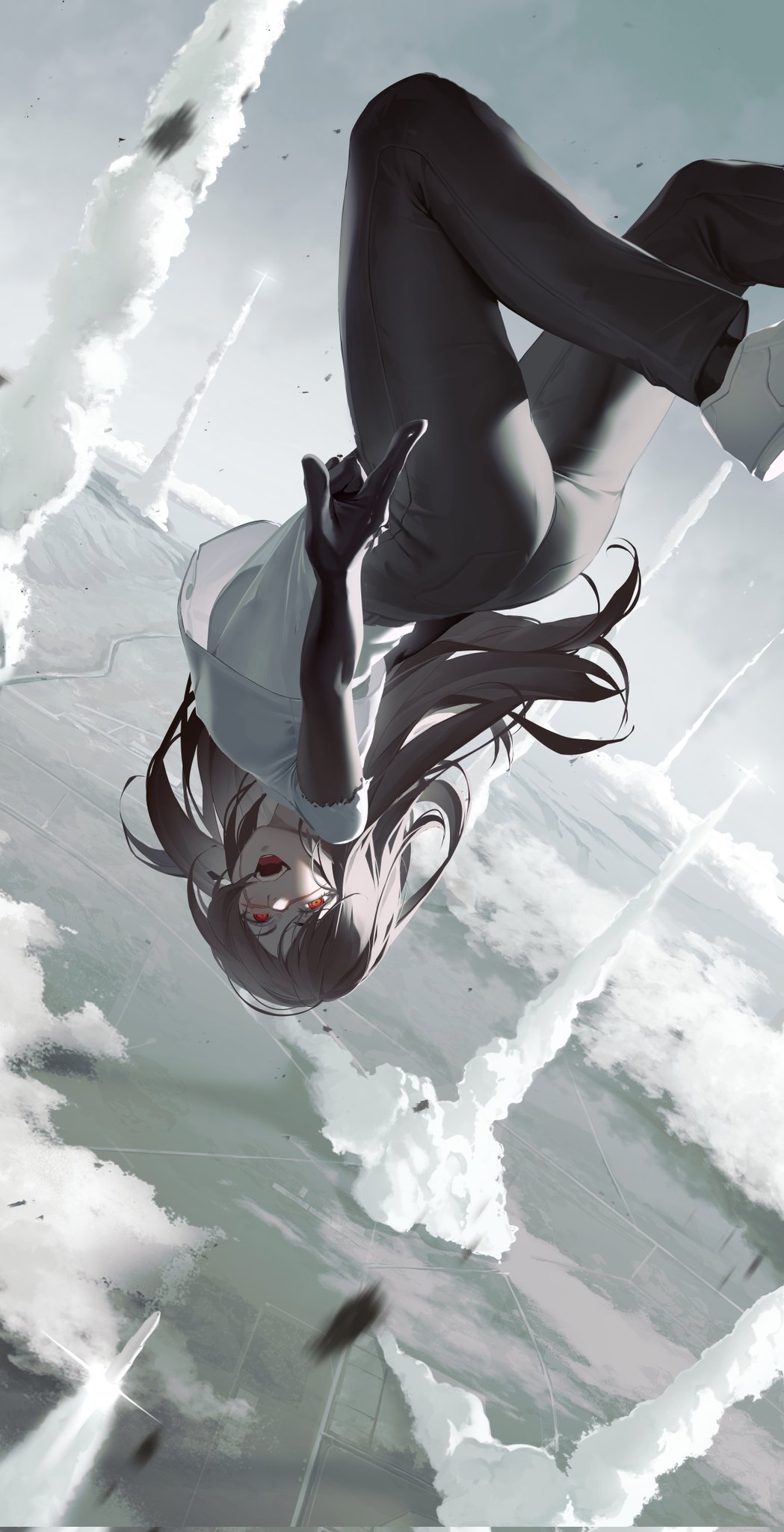 1girl, ass, black_hair, black_hands, black_pants, chainsaw_man, clouds, colored_extremities