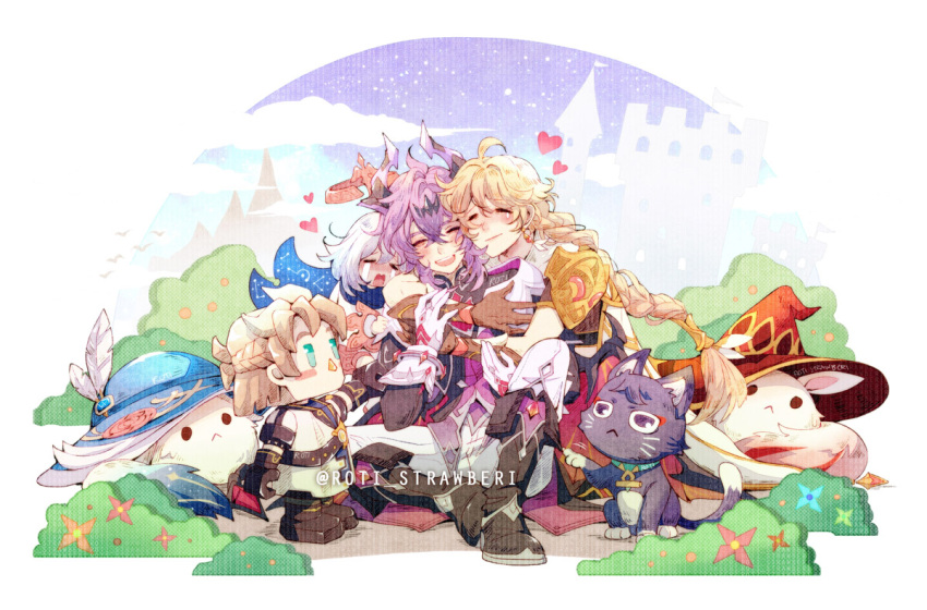 1girl, 2boys, 4others, aether_(genshin_impact), albedo_(genshin_impact), alice_(genshin_impact), barbeloth_(genshin_impact), bush