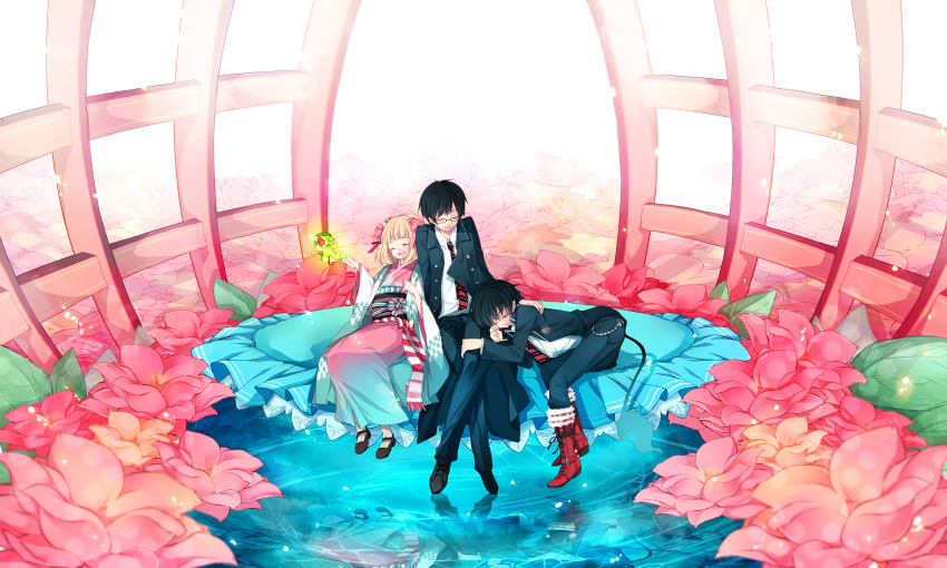 2boys, ao_no_exorcist, flower, highres, japanese_clothes, koyomi_roentgen, moriyama_shiemi, multiple_boys