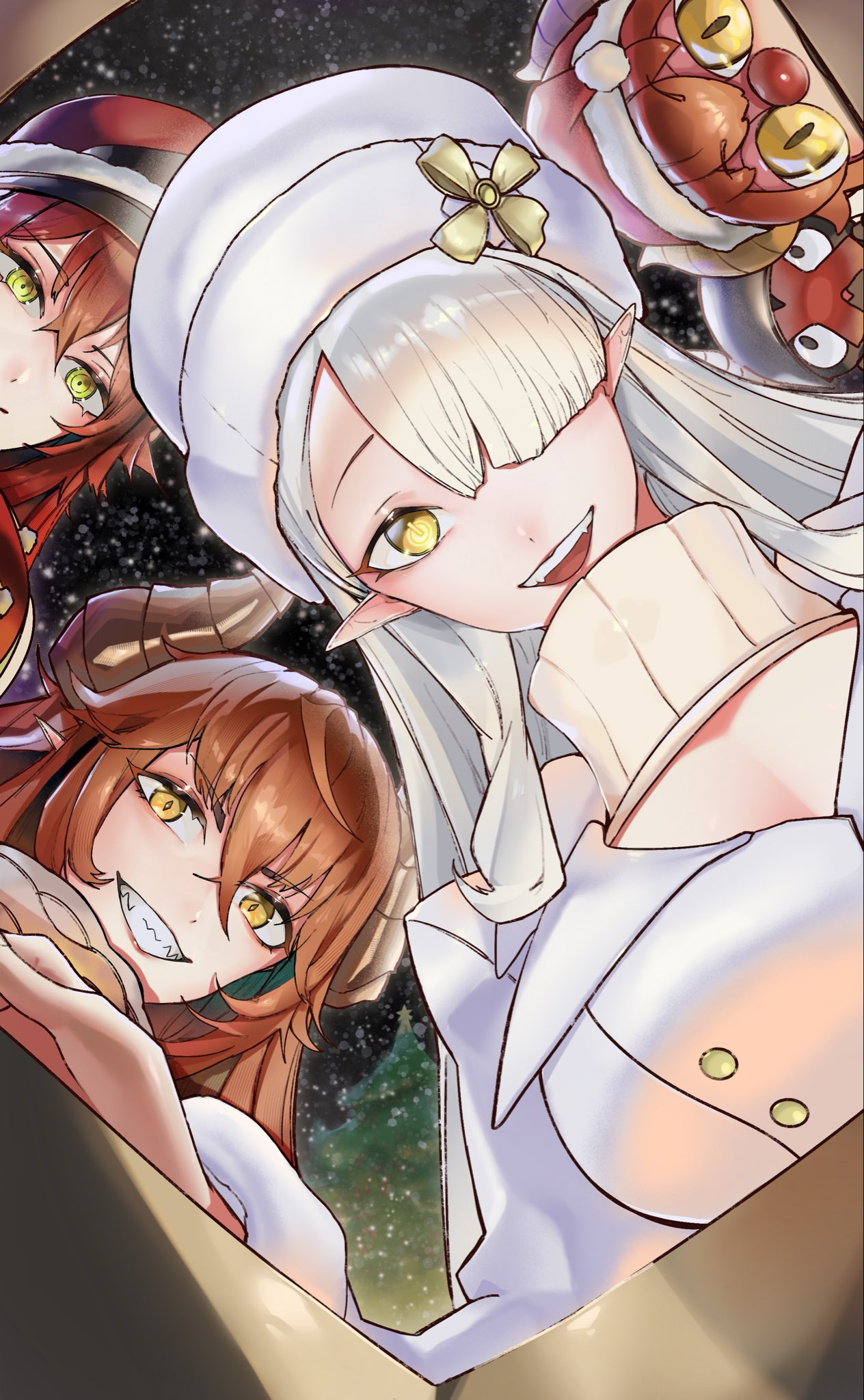 3girls, closed_mouth, dragon_girl, dragon_horns, dual_persona, gecko_zen, grey_sweater, hair_over_one_eye