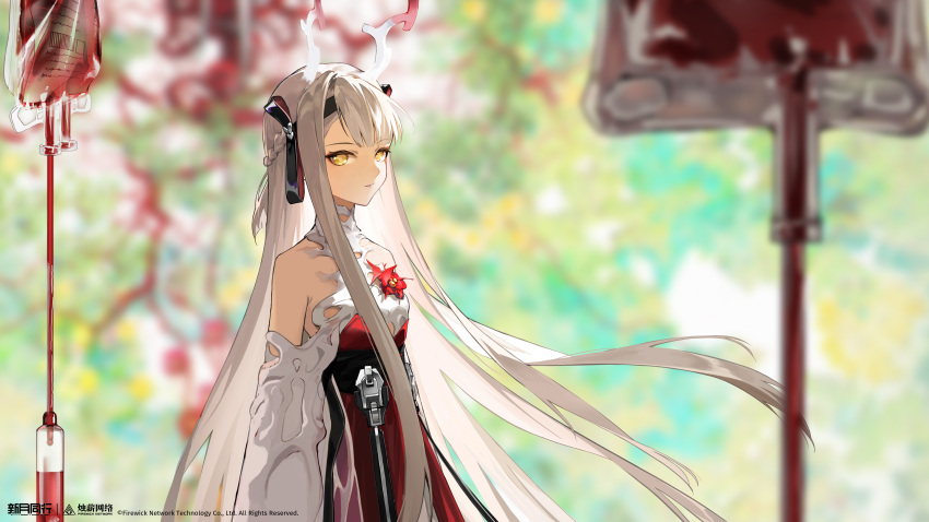 1girl, absurdres, bare_shoulders, black_hairband, blood, blood_bag, blurry, blurry_background
