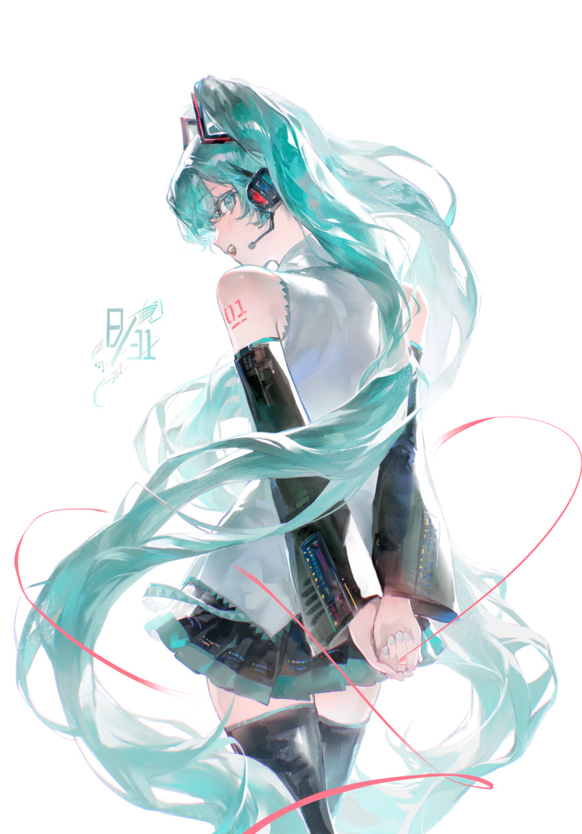 1girl, absurdres, aqua_eyes, aqua_hair, aqua_nails, arm_tattoo, arms_behind_back, birthday, blush, commentary_request, cowboy_shot, detached_sleeves, from_behind, hatsune_miku, highres, lanmi_lemmy, long_hair, looking_back, nail_polish, number_tattoo, own_hands_together, pleated_skirt, procreate_(medium), shirt, simple_background, skirt, sleeveless, sleeveless_shirt, solo, string, string_of_fate, tattoo, twintails, very_long_hair, vocaloid, white_background, zettai_ryouiki