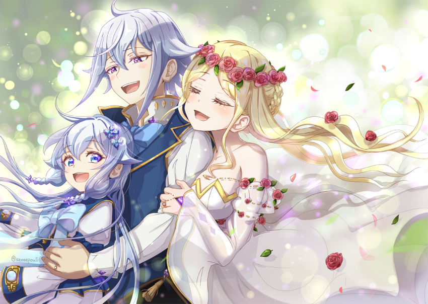 1boy, 2girls, bare_shoulders, blonde_hair, blue_bow, blue_bowtie, blue_eyes, blue_hair