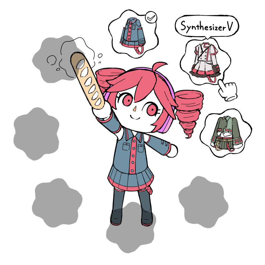 1girl, ahoge, animal_crossing, animal_crossing_(style), arm_up, baguette, black_boots, black_shirt