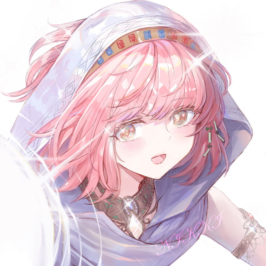 1girl, armlet, brown_eyes, character_name, cloak, commentary, conghua_jiang, energy_ball