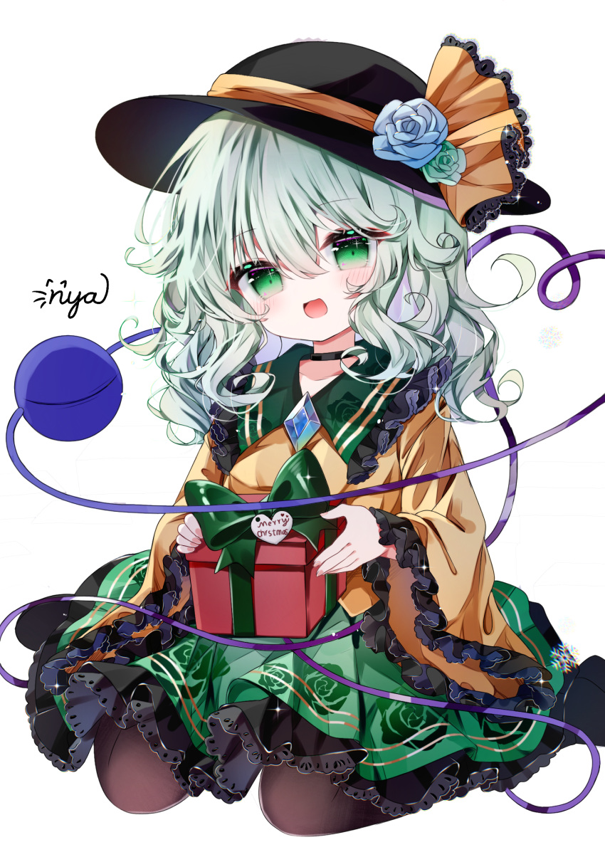 1girl, black_hat, blush, box, brown_pantyhose, collared_shirt, commentary_request, eyeball