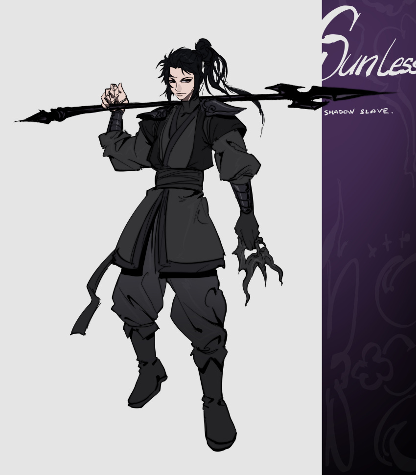 1boy, absurdres, black_eyes, black_gloves, black_hair, black_robe, black_tunic, full_body