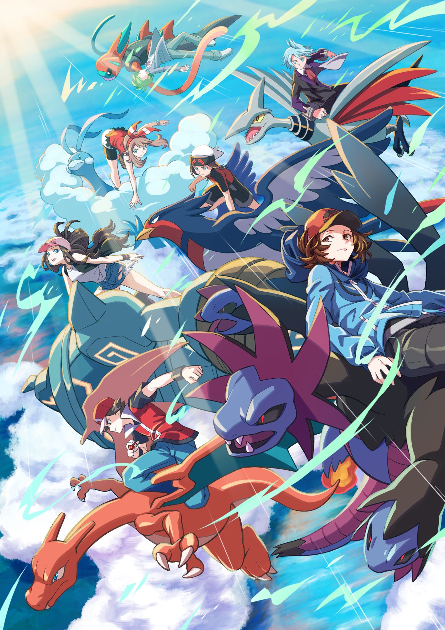 2girls, 4boys, baseball_cap, blue_sky, brendan_(pokemon), charizard, clouds, cloudy_sky