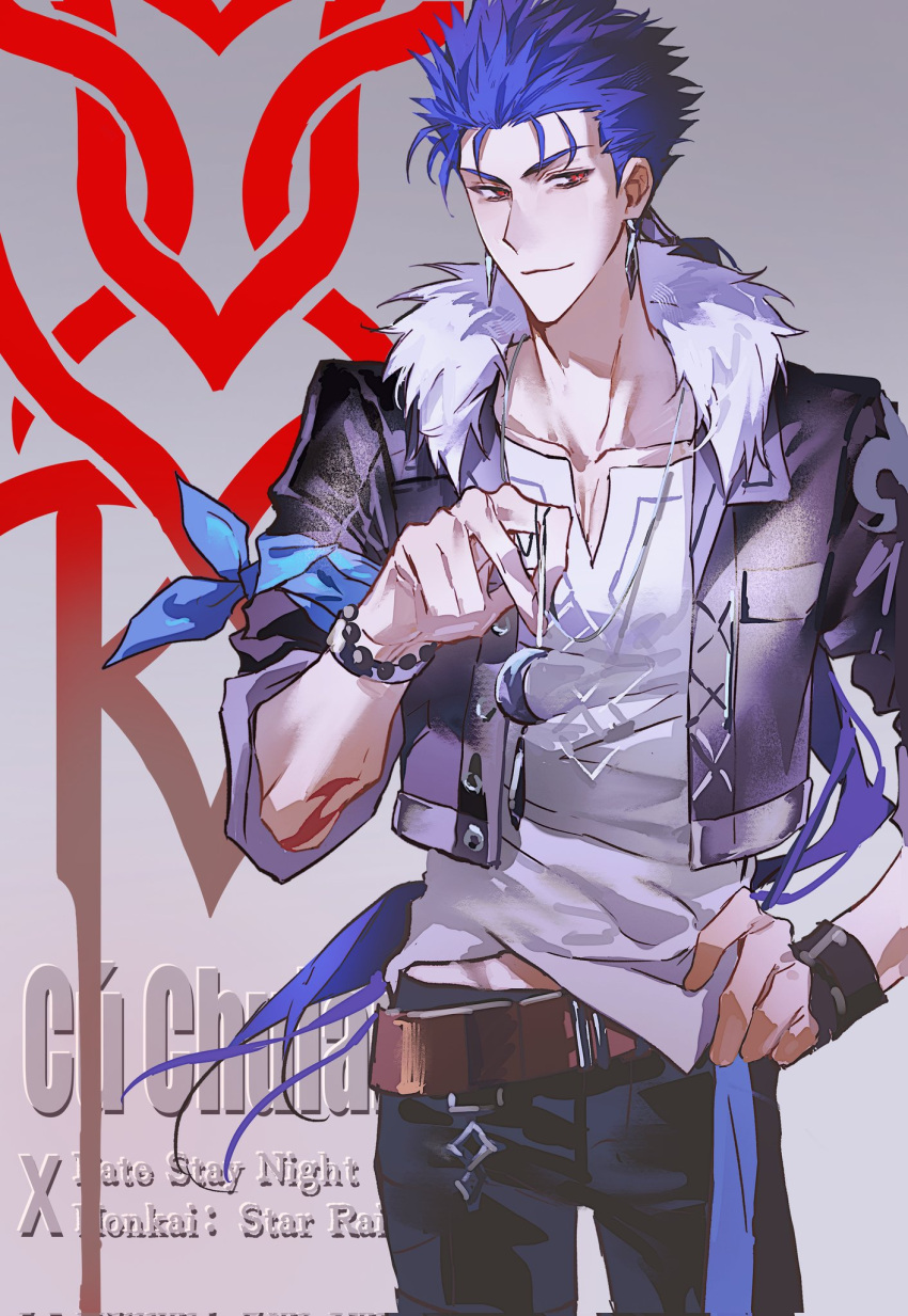 1boy, bead_bracelet, beads, belt, black_jacket, black_pants, blue_hair, bracelet
