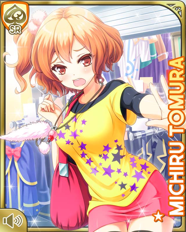 1girl, bag, breasts, brown_eyes, brown_hair, card_(medium), character_name, flustered