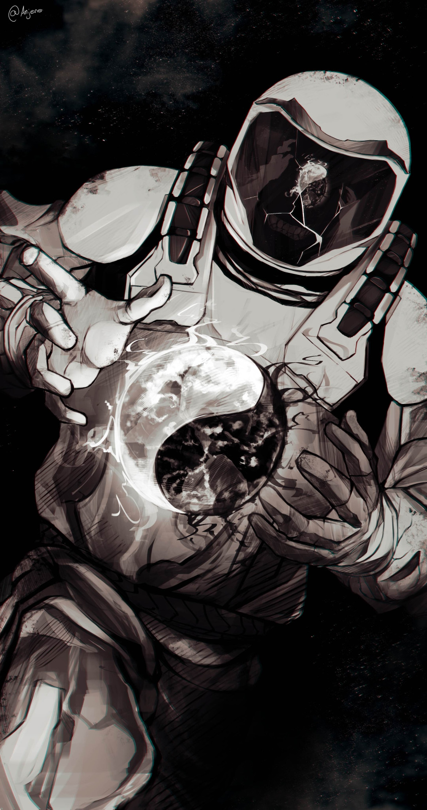 1other, absurdres, anjens, asterion_(shadow_slave), astronaut, broken_glass, covered_face, cowboy_shot