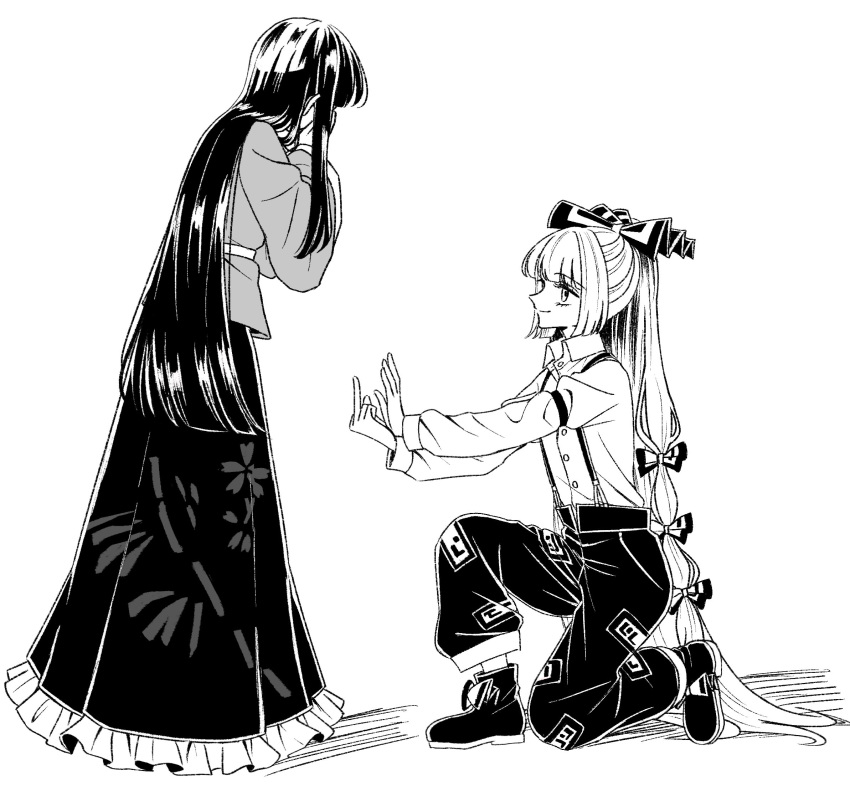 2girls, bamboo_print, boots, bow, closed_mouth, collared_shirt, commentary_request, frilled_skirt
