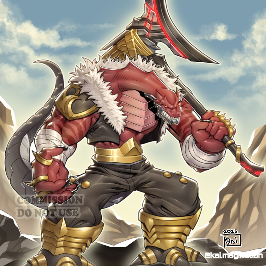 1boy, absurdres, axe, claws, clenched_hand, clouds, cloudy_sky, colored_skin, duel_monster, guardian_grarl, highres, holding, holding_axe, kai.magination, lizard_tail, outdoors, red_skin, redesign, reptile_boy, sky, tagme, tail, yu-gi-oh!, yu-gi-oh!_duel_monsters