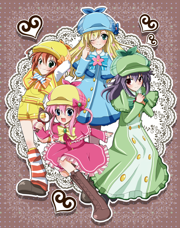 :d, blonde_hair, blue_eyes, blush, bow, brooch, brown_hair, buttons