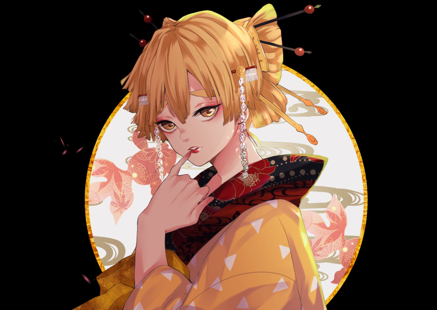 1boy, adam's_apple, agatsuma_zenitsu, applying_lipstick, applying_makeup, black_border, blonde_hair, border