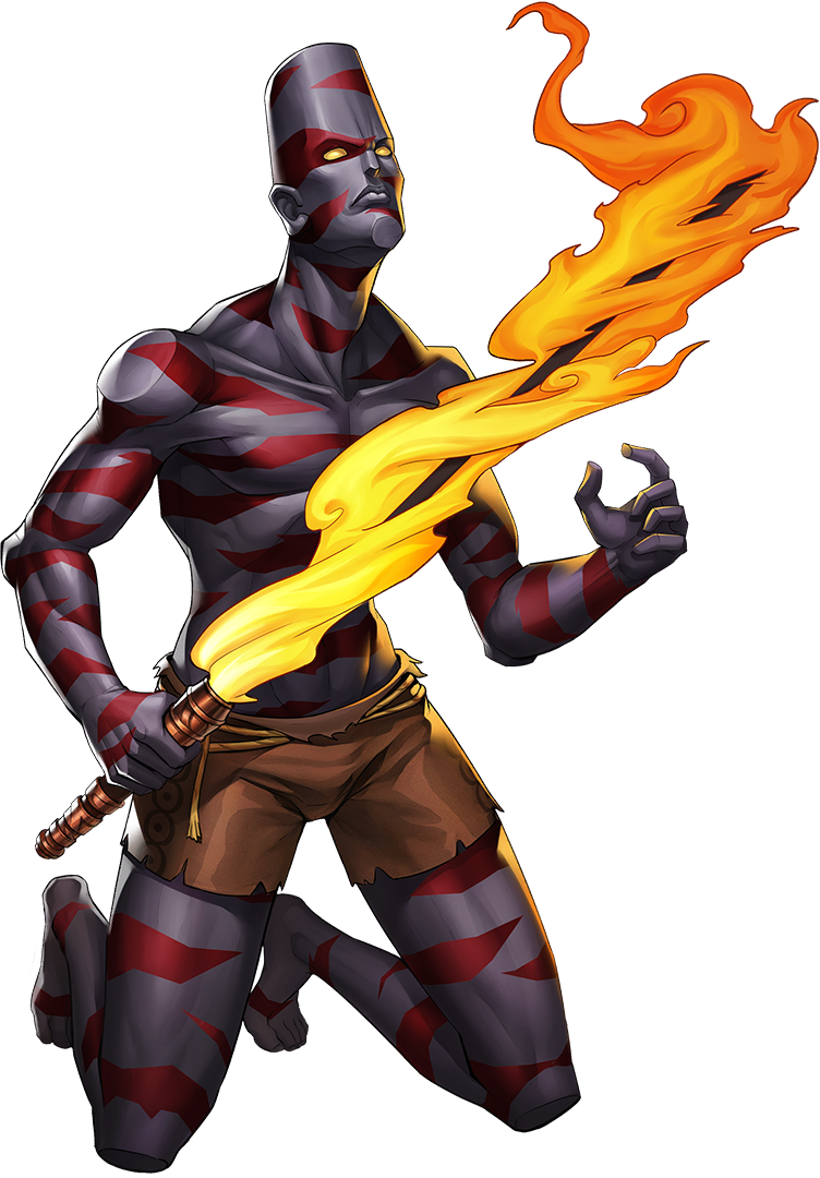 1boy, artist_request, black_skin, blank_eyes, brown_shorts, colored_skin, demon_(megami_tensei), fire