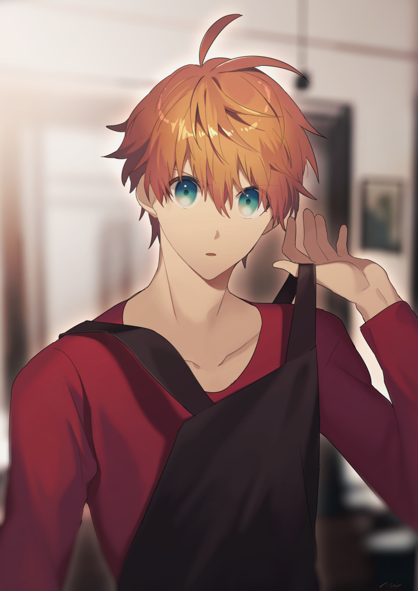 1boy, antenna_hair, apron, aqua_eyes, arthur_pendragon_(fate), black_apron, blurry, blurry_background