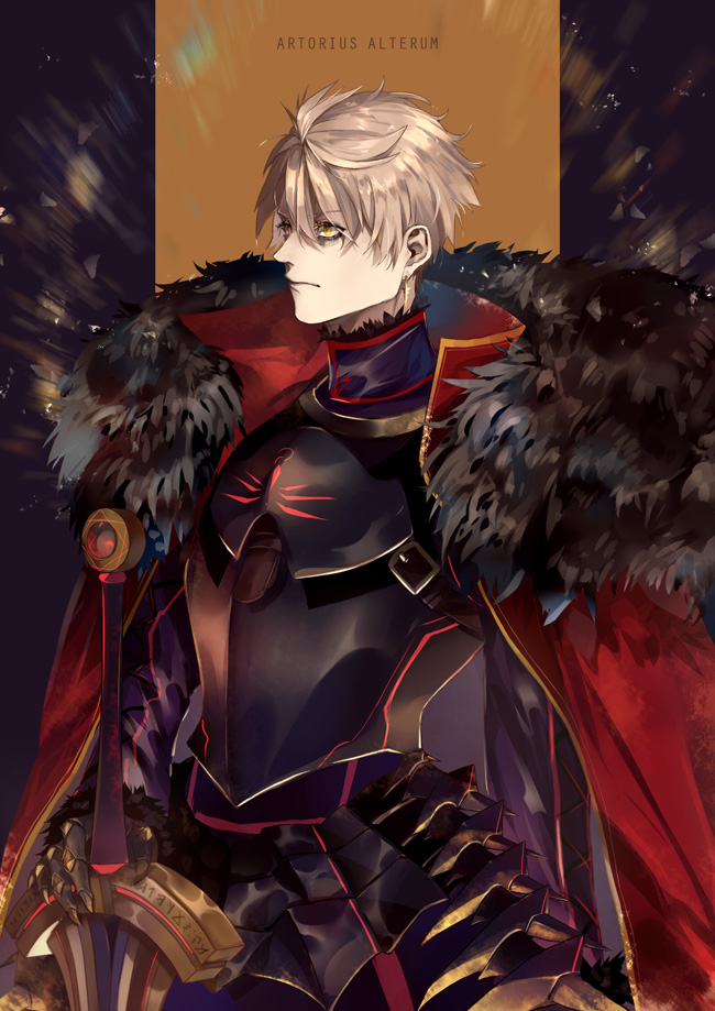 1boy, armor, arthur_pendragon_(fate), arthur_pendragon_alter_(fate), black_armor, black_border, black_shirt, blonde_hair