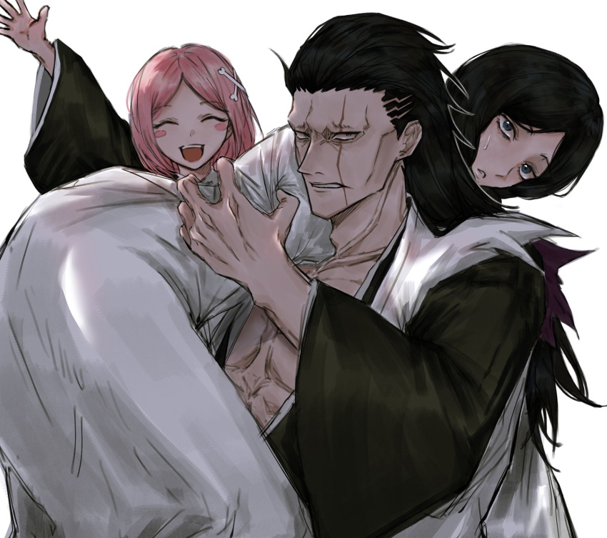 1boy, 2girls, anima_tion_1, black_hair, bleach, carrying, highres, japanese_clothes