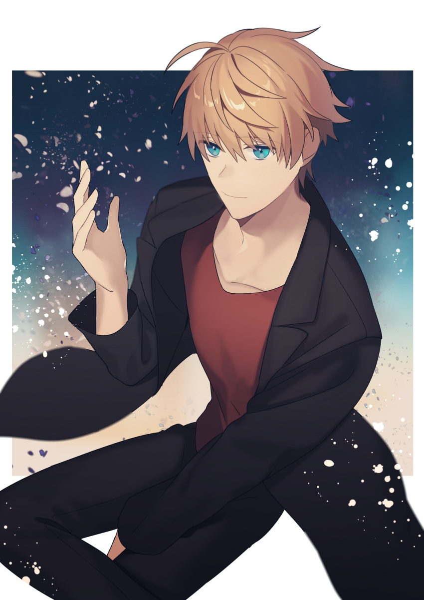 1boy, ahoge, arthur_pendragon_(fate), black_jacket, black_pants, blonde_hair, blue_background, blue_eyes