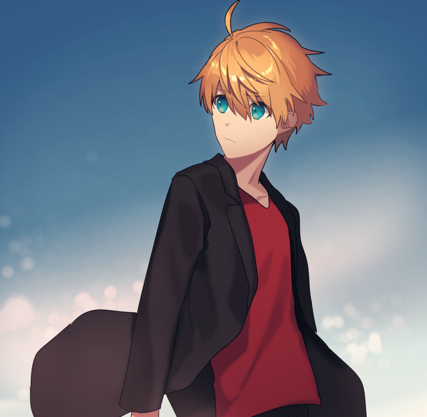 1boy, ahoge, aqua_eyes, arthur_pendragon_(fate), black_jacket, blue_sky, closed_mouth, collarbone